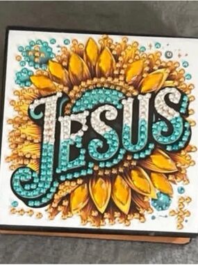 Jesus Sunflower Rhinestone Art Note Paper Holder - Turquoise & Yellow